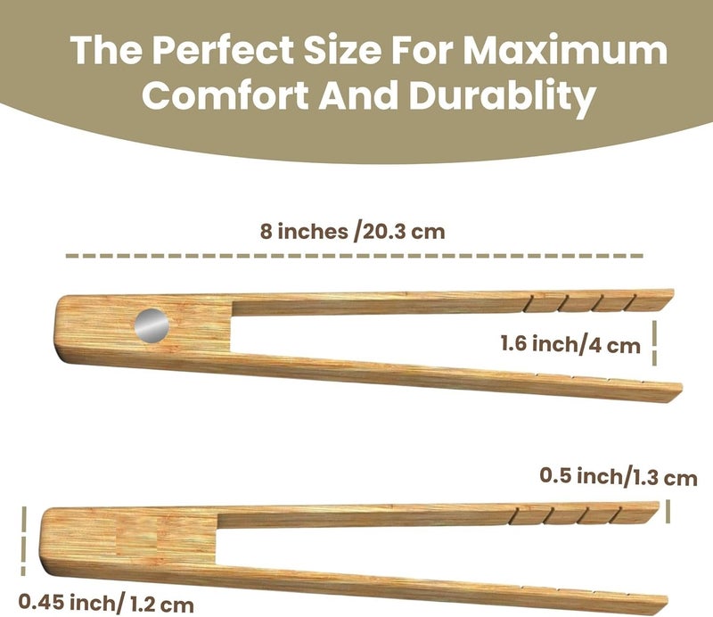 THREE WAY CUT Toaster Tongs With Magnet | Bamboo Kitchen Utensils For Cooking & Holding Toast Bacon Muffin Bagel Bread | 8" Long Natural Toxic Free Magnetic | 2pcs Set - Image 3